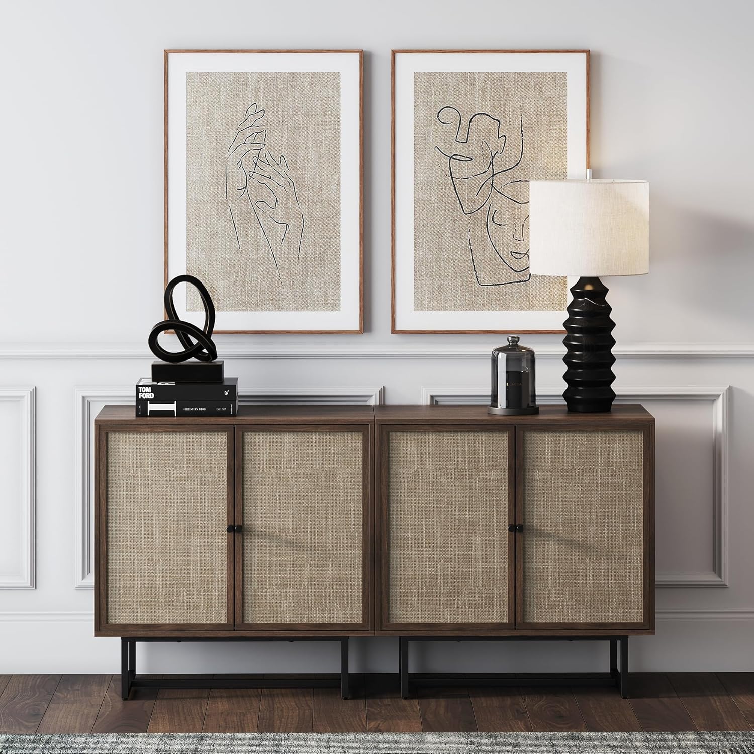 Nathan James Kova Bohemian Rattan Sideboard or TV Stand, Wooden Storage Cabinet with Doors, Walnut Sideboard Buffet or Rattan Accent Storage Cabinet with Matte Black Legs, Set of 2