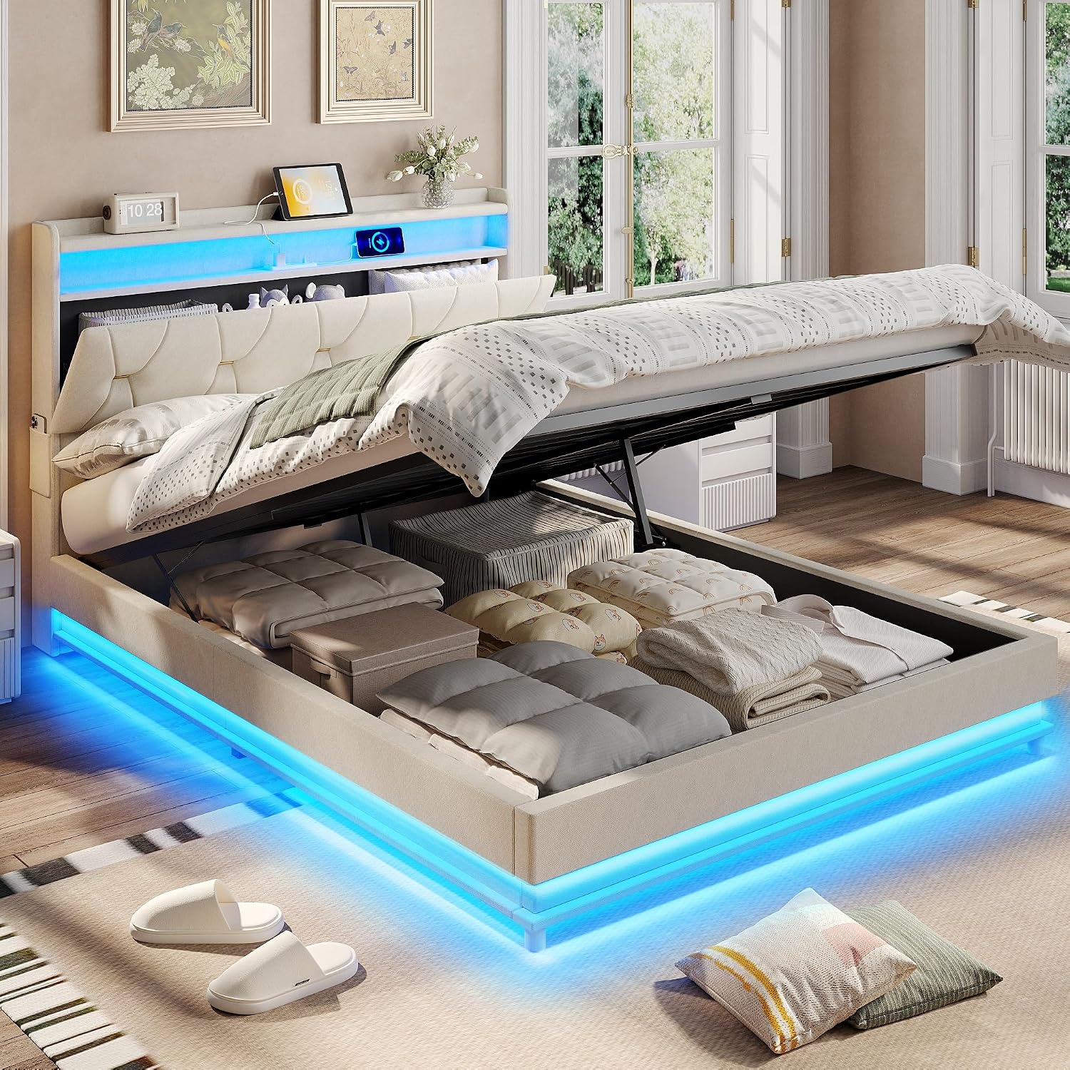 Fameill Full Size Lift Up Storage Bed Frame, Storage Headboard with Charging Station, LED Lights Upholstered Platform Bed, No Box Spring Needed, Noise-Free, Beige White