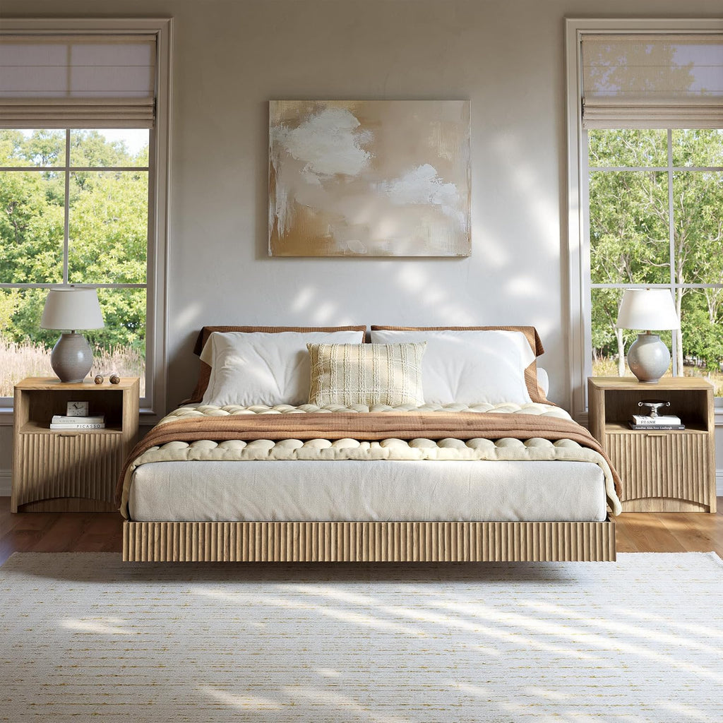 Evermagin Bedroom Furniture Set-Bed with 2 Nightstands, Mid Century Modern Bedroom Set, Floating Bed Frame Led Lights, Fluted Floating Room Furnitures, 3-Piece Room Set (Nbh, Queen)