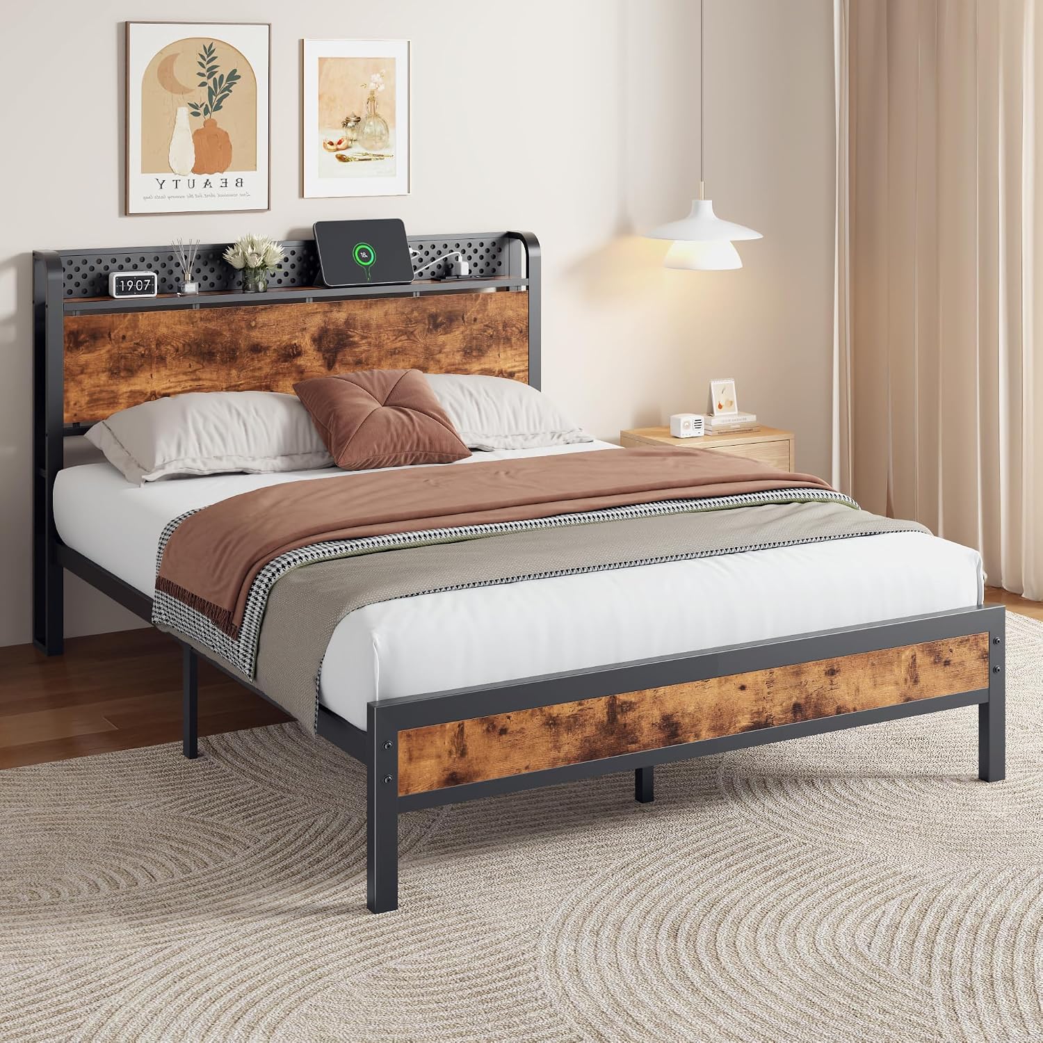 Furnulem Queen Bed Frame with Headboard Storage, Bed Frame Queen Size with Charging Station and LED Lights No Box Spring Needed,Heavy Duty Steel Slats,Noise Free