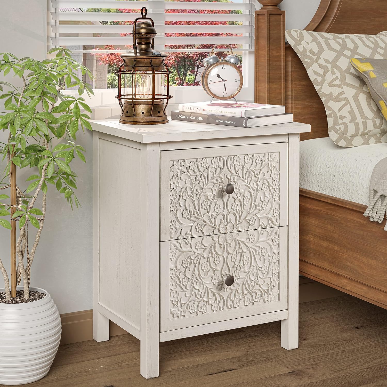 COZAYH Set of 2 Farmhouse Fully-Assembled Nightstand with 2-Drawer, Flower Motif End Table for Small Spaces, French Country, Modern, Distressed Finish, White-Washed