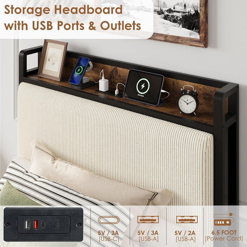 GAOMON Twin Size Bed Frame with 2 Storage Drawers and Charging Station, Rustic Velvet Upholstered Platform Bedframe with Storage Headboard, No Box Spring Needed, Easy Assembly, Noise Free, Beige