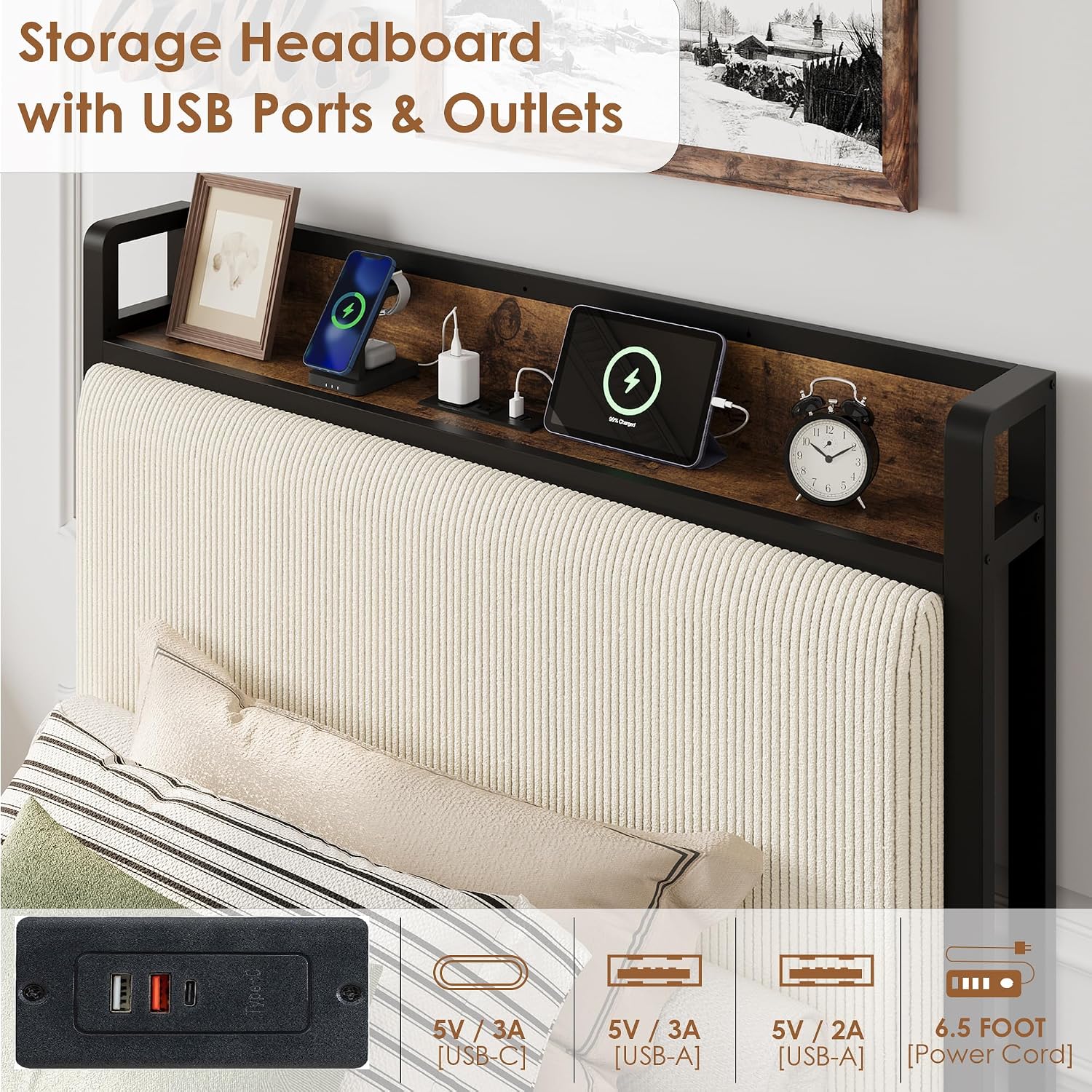 GAOMON Twin Size Bed Frame with 2 Storage Drawers and Charging Station, Rustic Velvet Upholstered Platform Bedframe with Storage Headboard, No Box Spring Needed, Easy Assembly, Noise Free, Beige