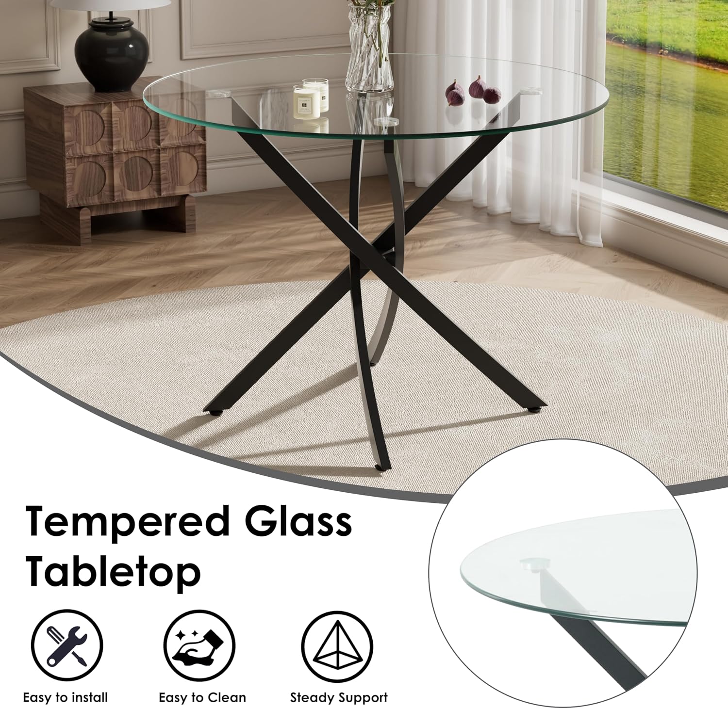 RGZ 5 Pieces Modern Black Round Kitchen Table Set, Clear Circle Glass Dining Table with Black Boucle Chairs Set of 4, 36'' Small Luxury Circular Dinner Room Set, for Home Apartment Bedroom Café