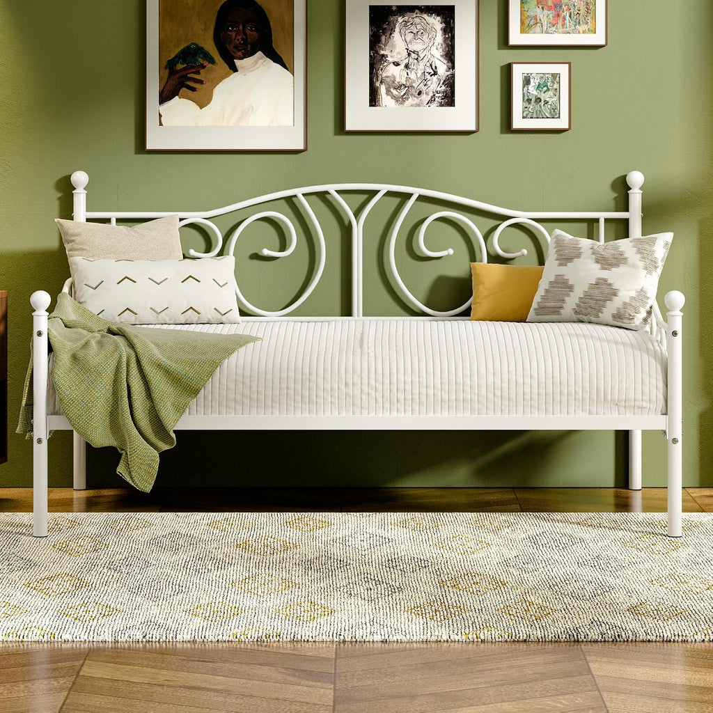 VECELO Metal Daybed Frame Multifunctional Platform Bed Sofa Mattress Foundation with Deluxe Headboard, Twin, White