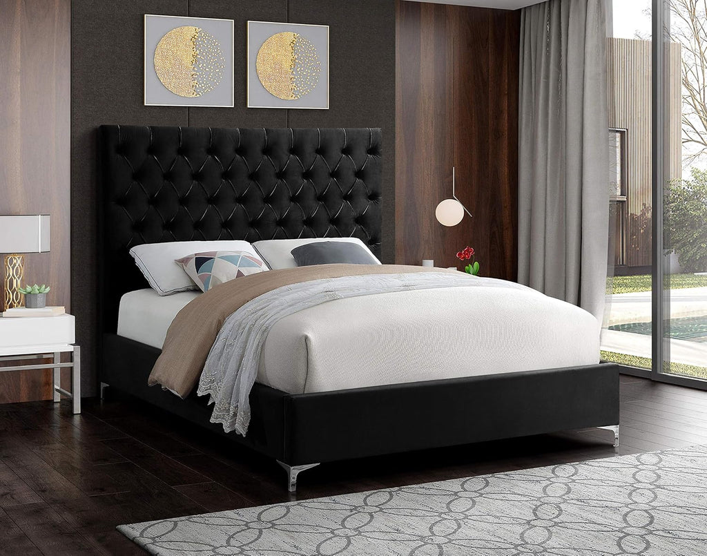 Meridian Furniture Cruz Collection Modern | Contemporary Velvet Upholstered Bed with Deep Button Tufting and Complete Sets of Gold and Chrome Legs Included, Full, Black