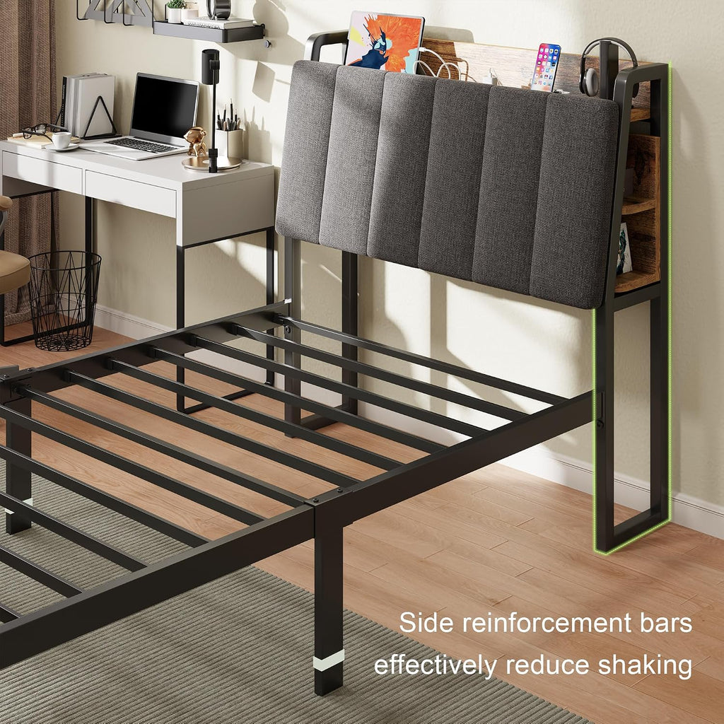 Feonase Twin Bed Frame, 14.5 Inch Metal Platform Bed with 1 Hidden Storage Shelf, Ergonomic Upholstered Headboard with Outlets, Easy Assembly, No Box Spring Needed