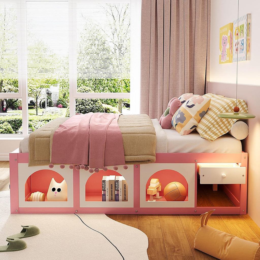 Bellemave Full Size Kids Bed with Display Cabinet, LED Light and Drawer, Wood Full Platform Bed with Bookshelf, BedFrames for Kids, Adults, Pink+White