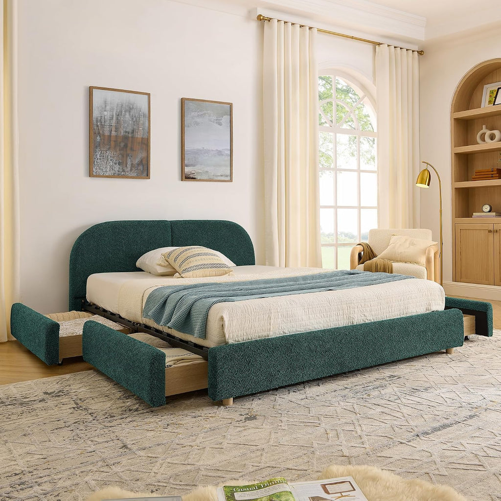 Queen Size Floor Bed Frame with 4 Wheeled Storage Drawer and Tall Curved Headboard, Modern Minimalist Style Upholstered Platform Bed Frame, Wooden Slats Support, Easy Assembly, Green