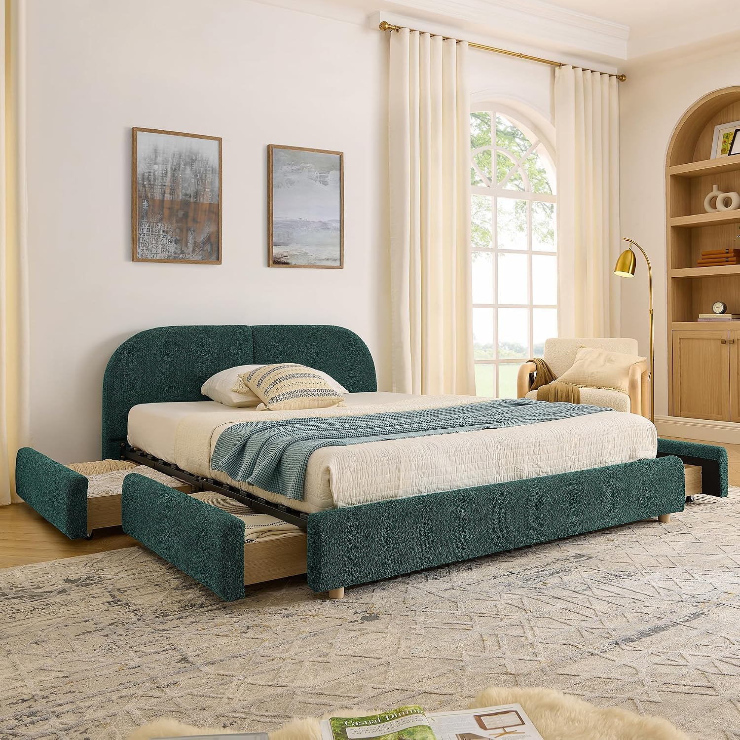 Queen Size Floor Bed Frame with 4 Wheeled Storage Drawer and Tall Curved Headboard, Modern Minimalist Style Upholstered Platform Bed Frame, Wooden Slats Support, Easy Assembly, Green