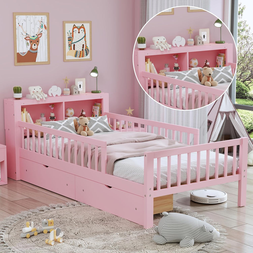 VilroCaz Wood Twin Size Platform Bed with Safety Fence for Kids Boys Girls, Platform Bed Frame with Practical Headboard and 2 Under-Bed Drawers, Sturdy Slats Support (Pink-3.15)
