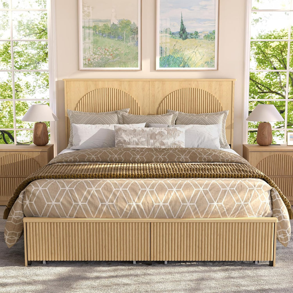 XIAO WEI Fluted King Bed Frame with 52.4' Tall Headboard, Bed Frame with Storage Drawers,Wooden Bed Frame with 8' Underbed Storage, No Box Spring Needed,Natural