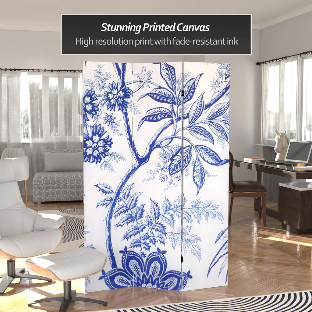 Red Lantern 6 ft. Tall Blue Toile Double Sided Room Divider 3 Panel Freestanding Folding Privacy Screen Partition and Separator for Modern and Contemporary Bedroom Home Office Dorm