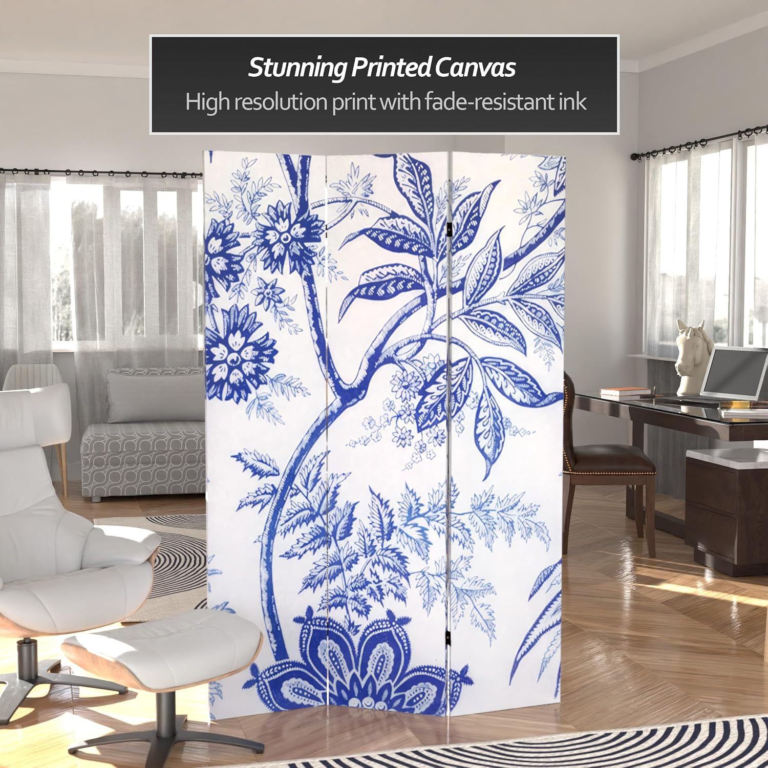 Red Lantern 6 ft. Tall Blue Toile Double Sided Room Divider 3 Panel Freestanding Folding Privacy Screen Partition and Separator for Modern and Contemporary Bedroom Home Office Dorm