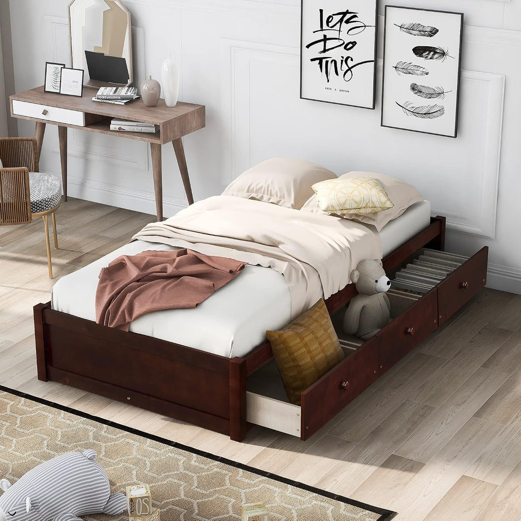 SOFTSEA Twin Size Storage Bed with Storage Drawers, No Box Spring Needed (Cherry)