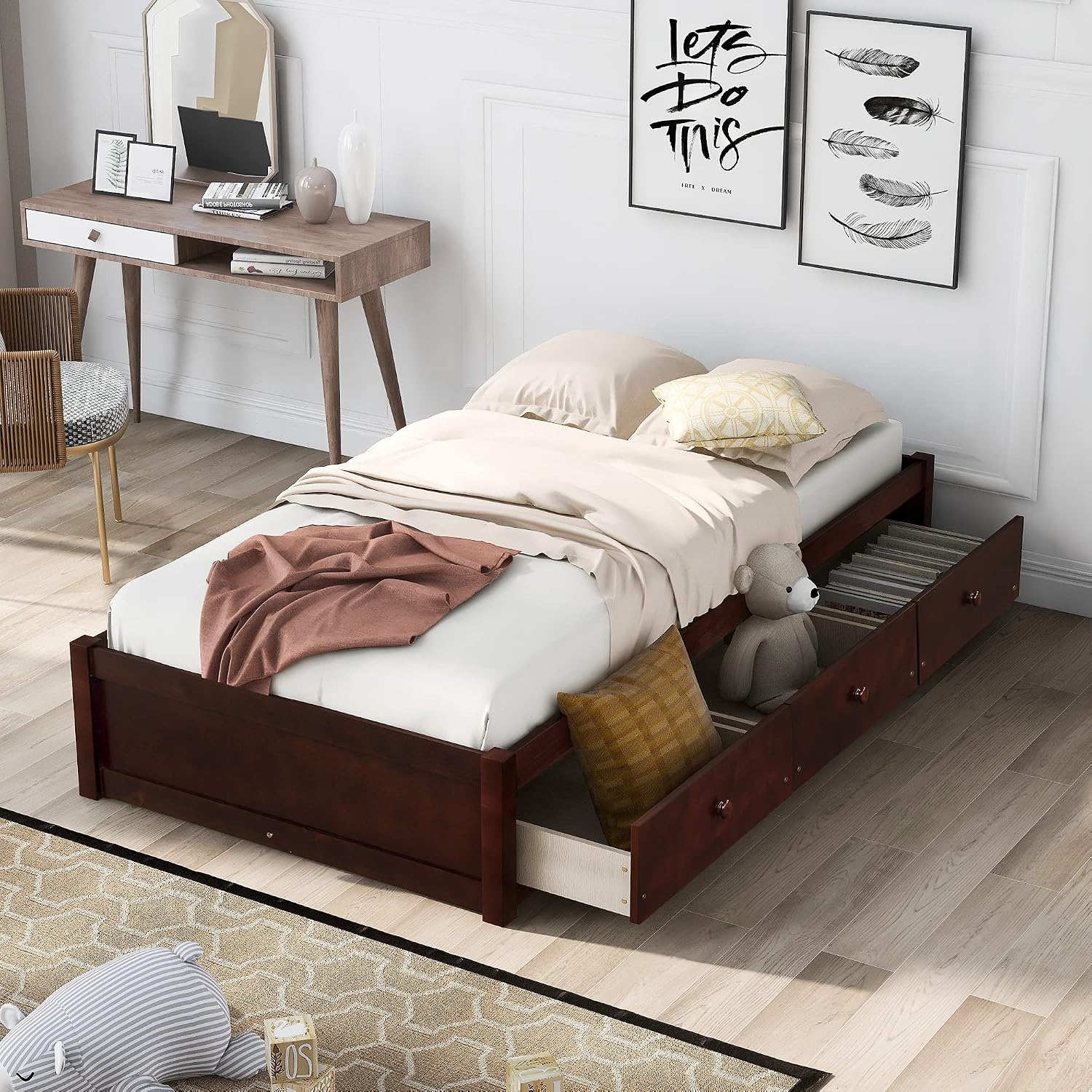 SOFTSEA Twin Size Storage Bed with Storage Drawers, No Box Spring Needed (Cherry)