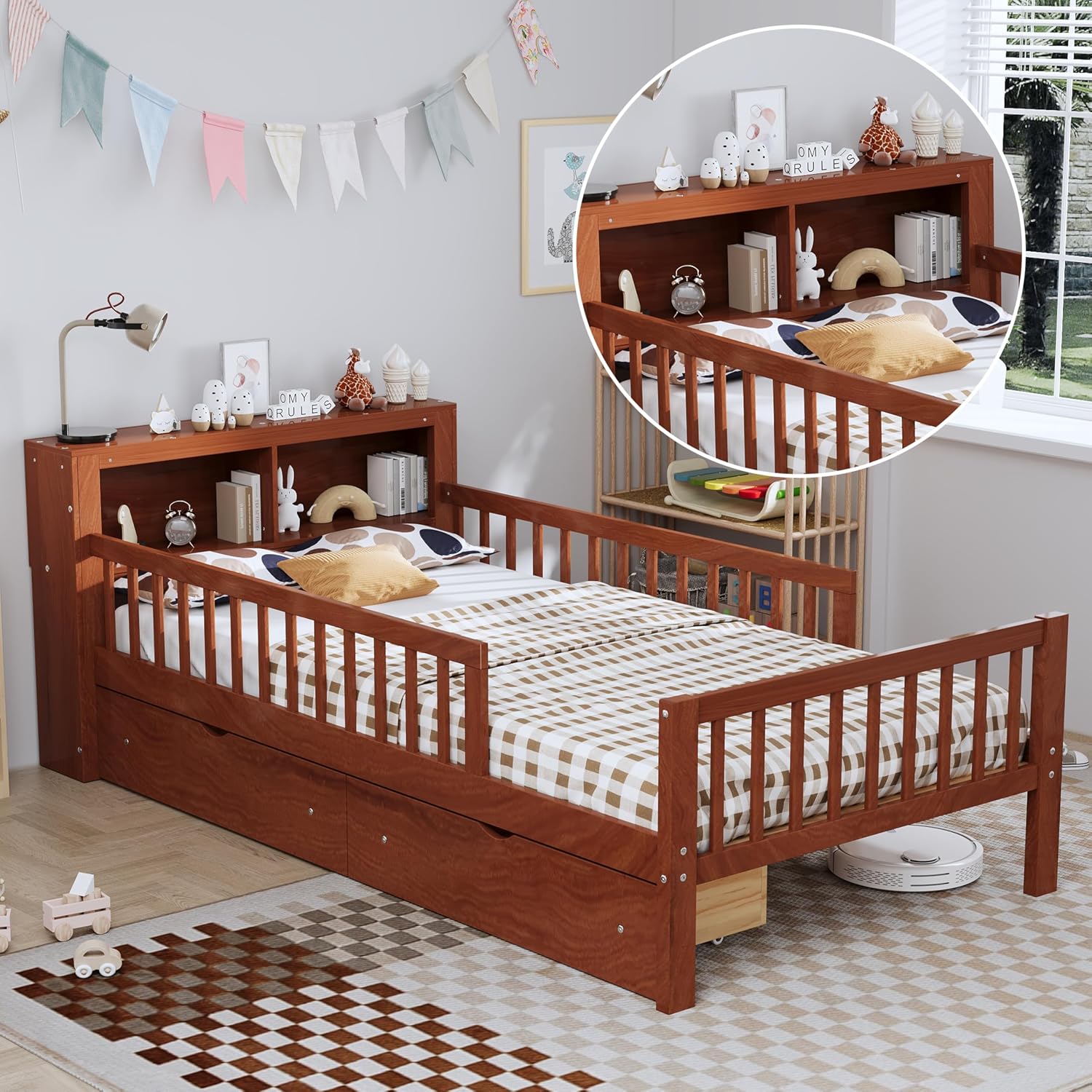 VilroCaz Wood Twin Size Platform Bed with Safety Fence for Kids Boys Girls, Platform Bed Frame with Practical Headboard and 2 Under-Bed Drawers, Sturdy Slats Support (Walnut-3.15)