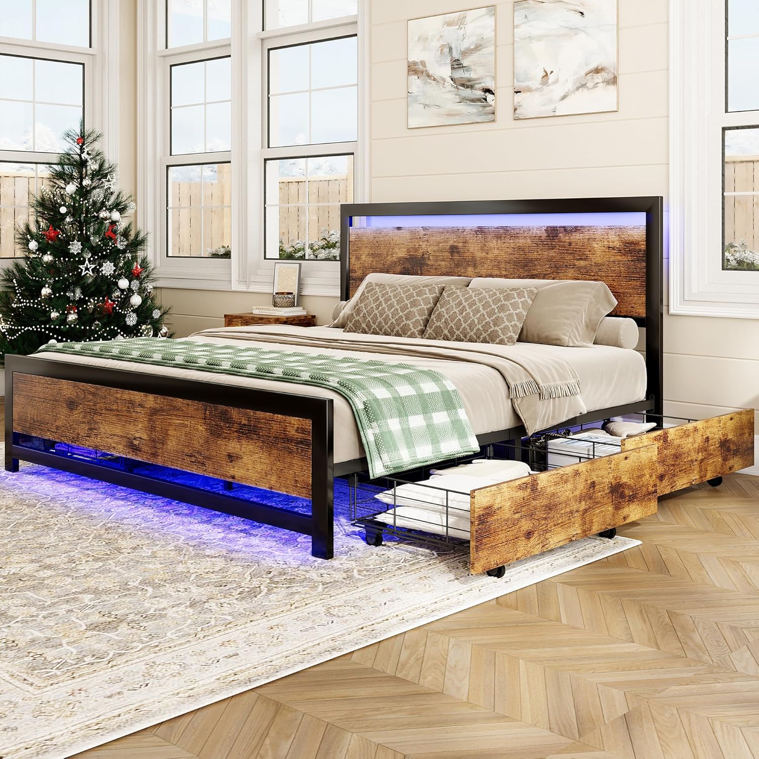 Ailisite Rustic Wood Queen Size Bed Frame with 4 Storage Drawers, Platform Storage Bed Queen with Headboard and Charging, LED Queen Bed Frame, Heavy Duty Metal Slats,No Noise,No Box Spring Needed