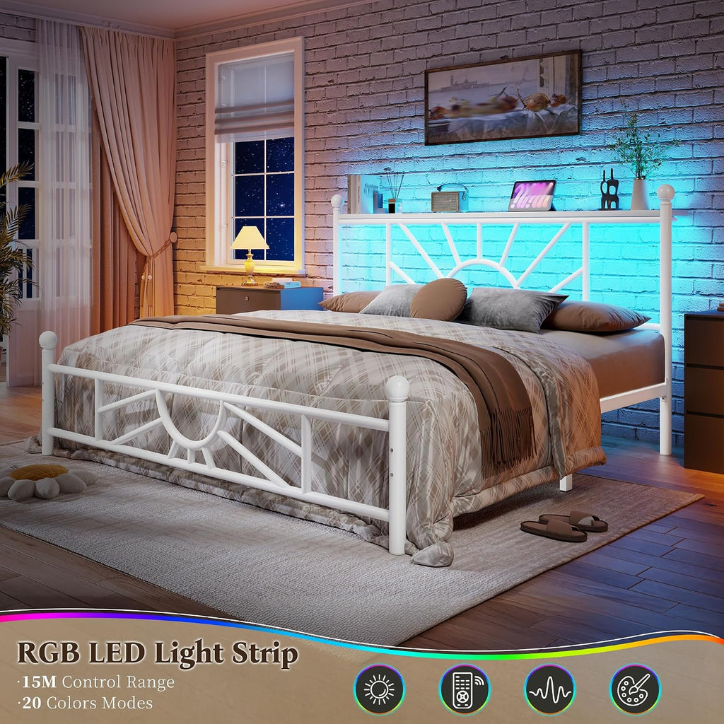 Homkdom 14 inch Queen Size Metal Bed Frame Platform with Storage Headboard, Victorian Metal Bed Frame with Under Bed Storage/No Box Spring Needed/Noise-Free/Easy Assembly, White