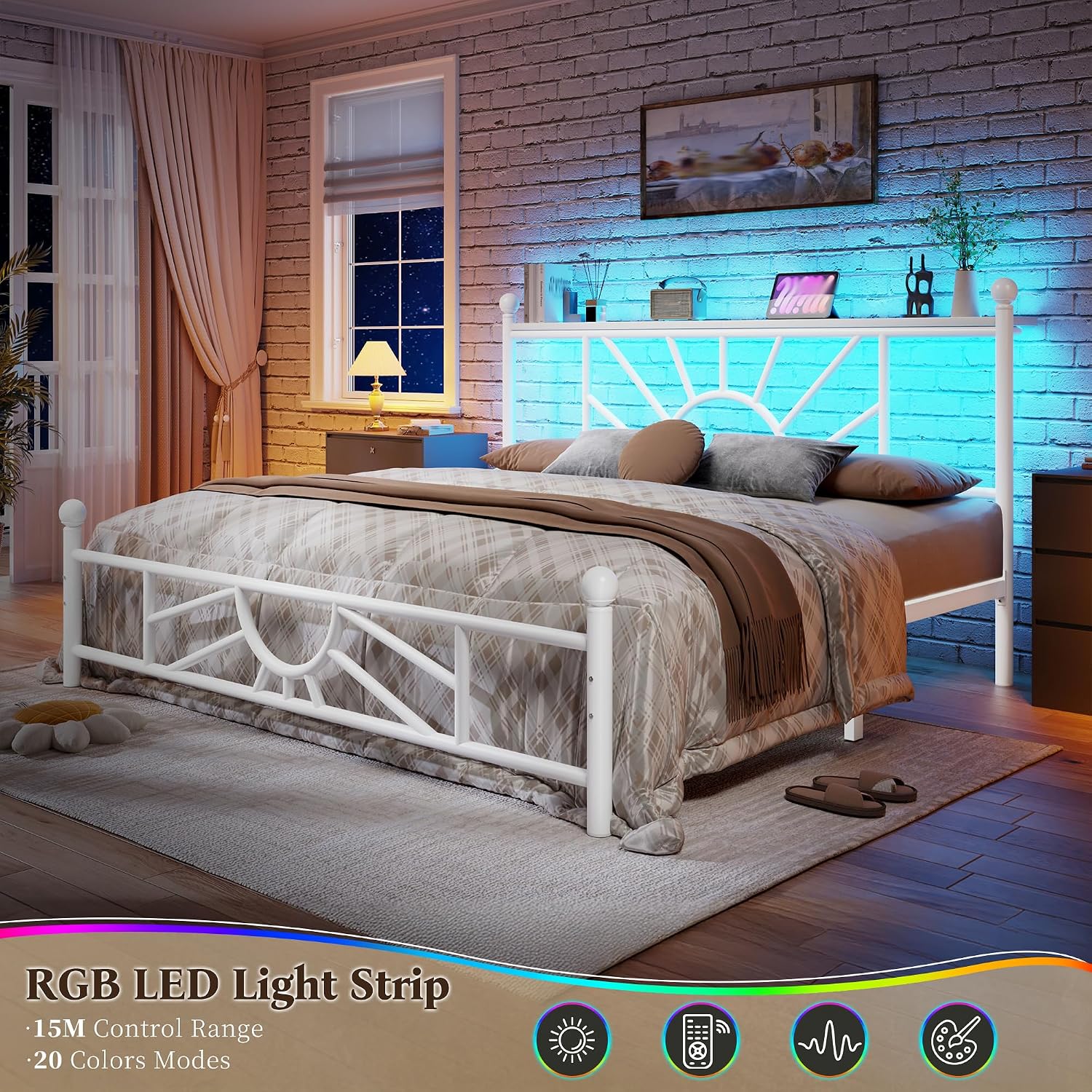 Homkdom 14 inch Queen Size Metal Bed Frame Platform with Storage Headboard, Victorian Metal Bed Frame with Under Bed Storage/No Box Spring Needed/Noise-Free/Easy Assembly, White