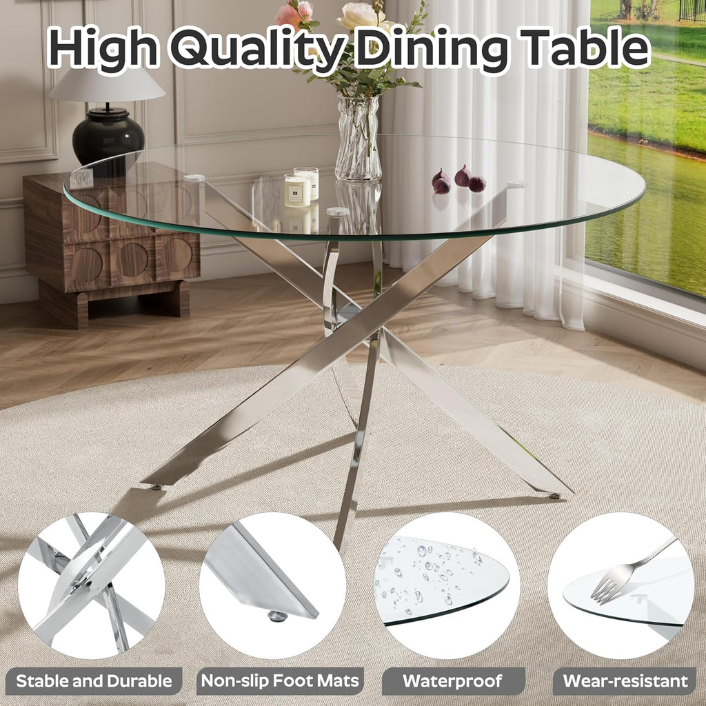 RGZ 5 Pieces Modern Round Kitchen Set, Clear Circle Glass Dining Table with Light Grey PU Faux Leather Chairs Set of 4, 47'' Large Luxury Circular Dinner Room Set, for Apartment Bedroom (Silver)