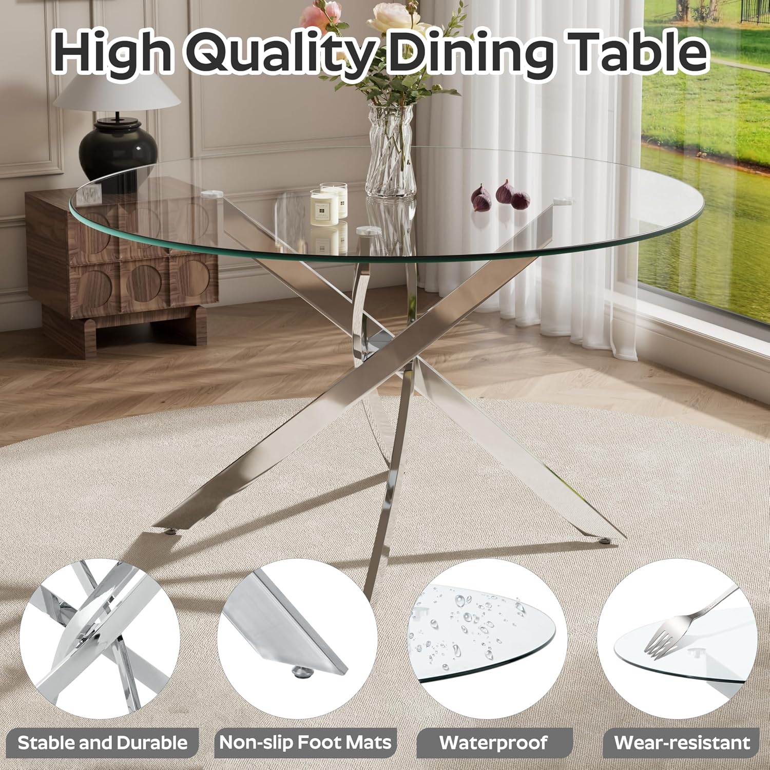 RGZ 7 Pieces Modern Round Kitchen Set, Clear Circle Glass Dining Table with Light Grey PU Faux Leather Chairs Set of 6, 47'' Large Luxury Circular Dinner Room Set, for Apartment Bedroom (Silver)