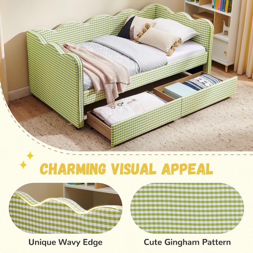 DEINPPA Twin Size Upholstered Daybed with 2 Storage Drawers, Gingham Daybed with USB Ports for Bedroom Living Room Guest Room-Green