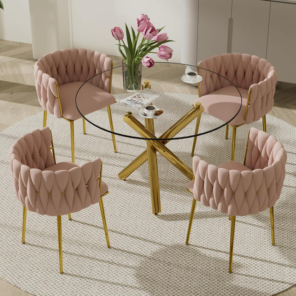 5 Piece Modern Golden Round Dining Set, 36'' Luxury Circular Kitchen Table Set, Clear Circle Glass Top Dinner Room Set for 4, Pink Woven Chairs, for Bedroom Small Apartment Living Room