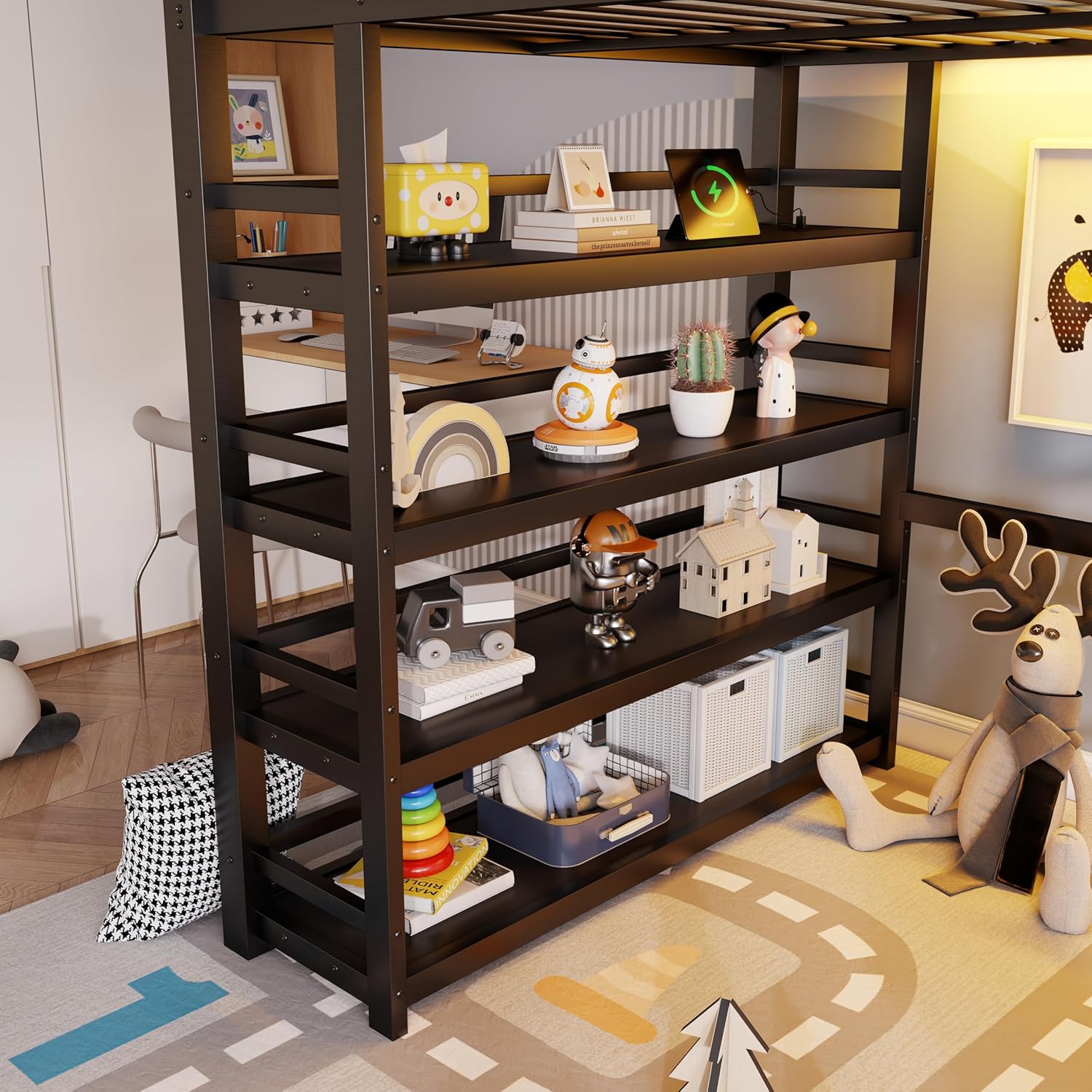 Full Size Metal Loft Bed with RGB Lights and Charging Station,High Loft Beds with 4 Shelf Bookcase and Storage Stairs,Heavy Duty Bed Frame with High Guardrail for Kids Teens,Black