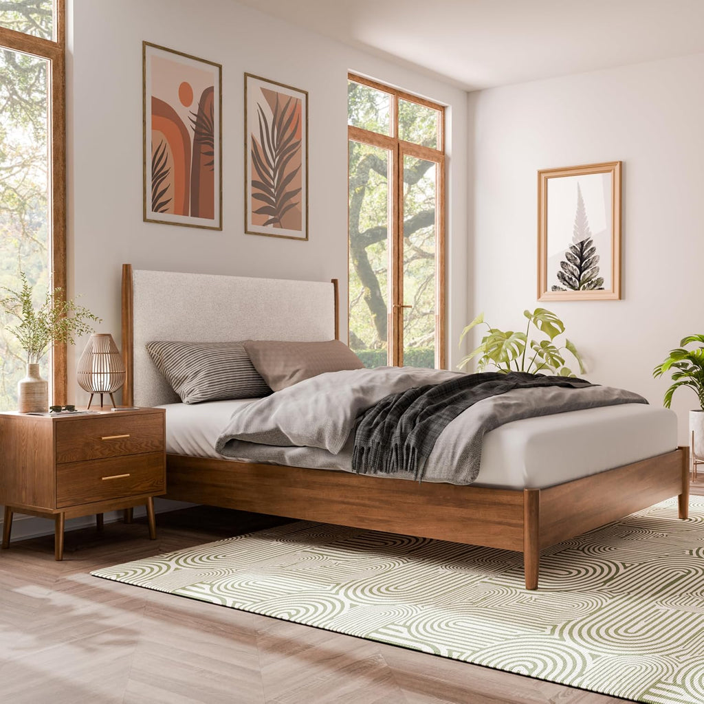 Furniture of America Wyatt Modern 2-Piece Solid Wood Bedroom Collection, Platform Frame with Upholstered Headboard and 2-Drawer Nightstand, No Box Spring Required for Home, Guest Room, Walnut, Queen