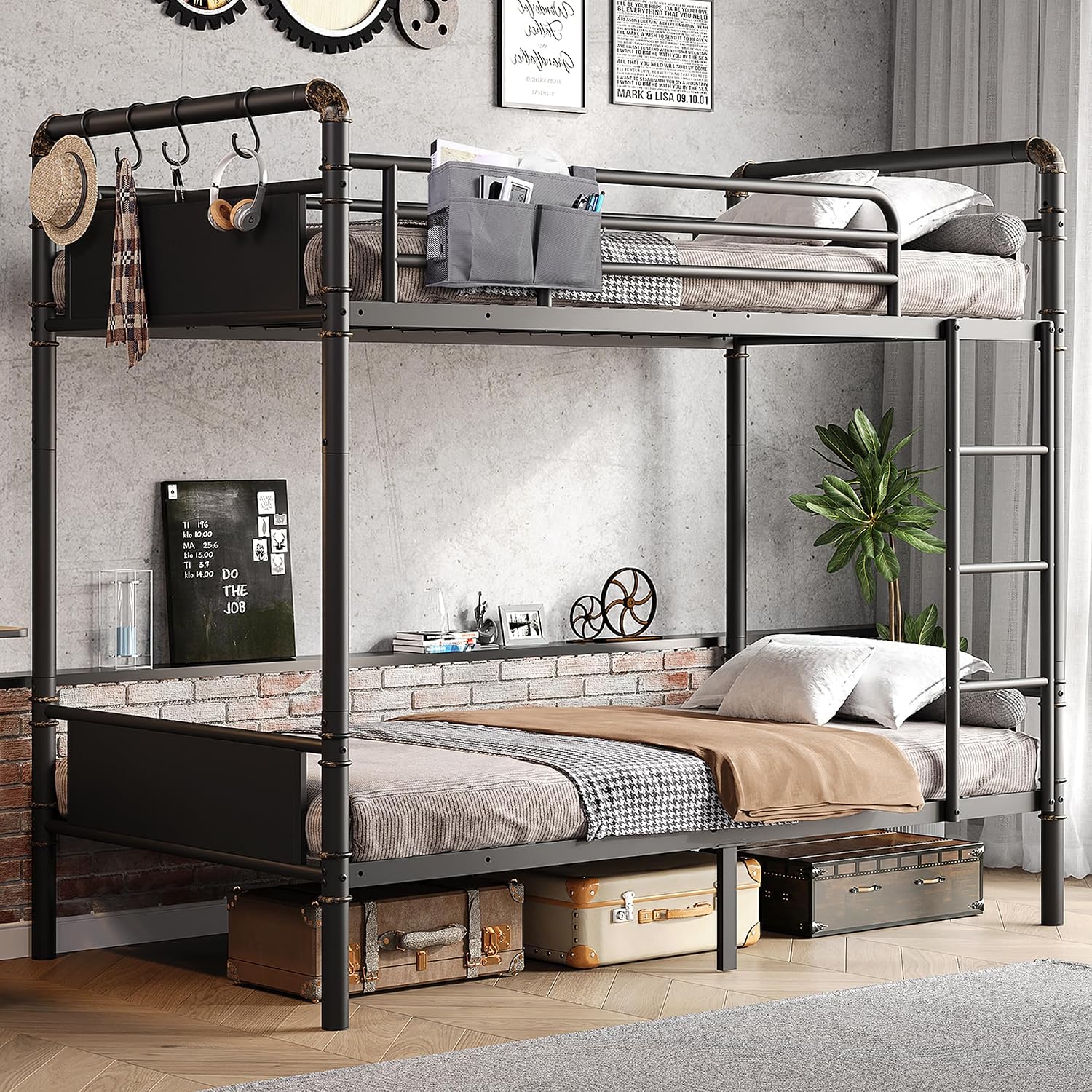 Jocoevol Metal Bunk Bed Twin Over Twin, Industrial Bunkbeds Heavy Duty Bed with Safety Guard Rails and Space-Saving Design, Steel Bed for School, Bedroom (Black)