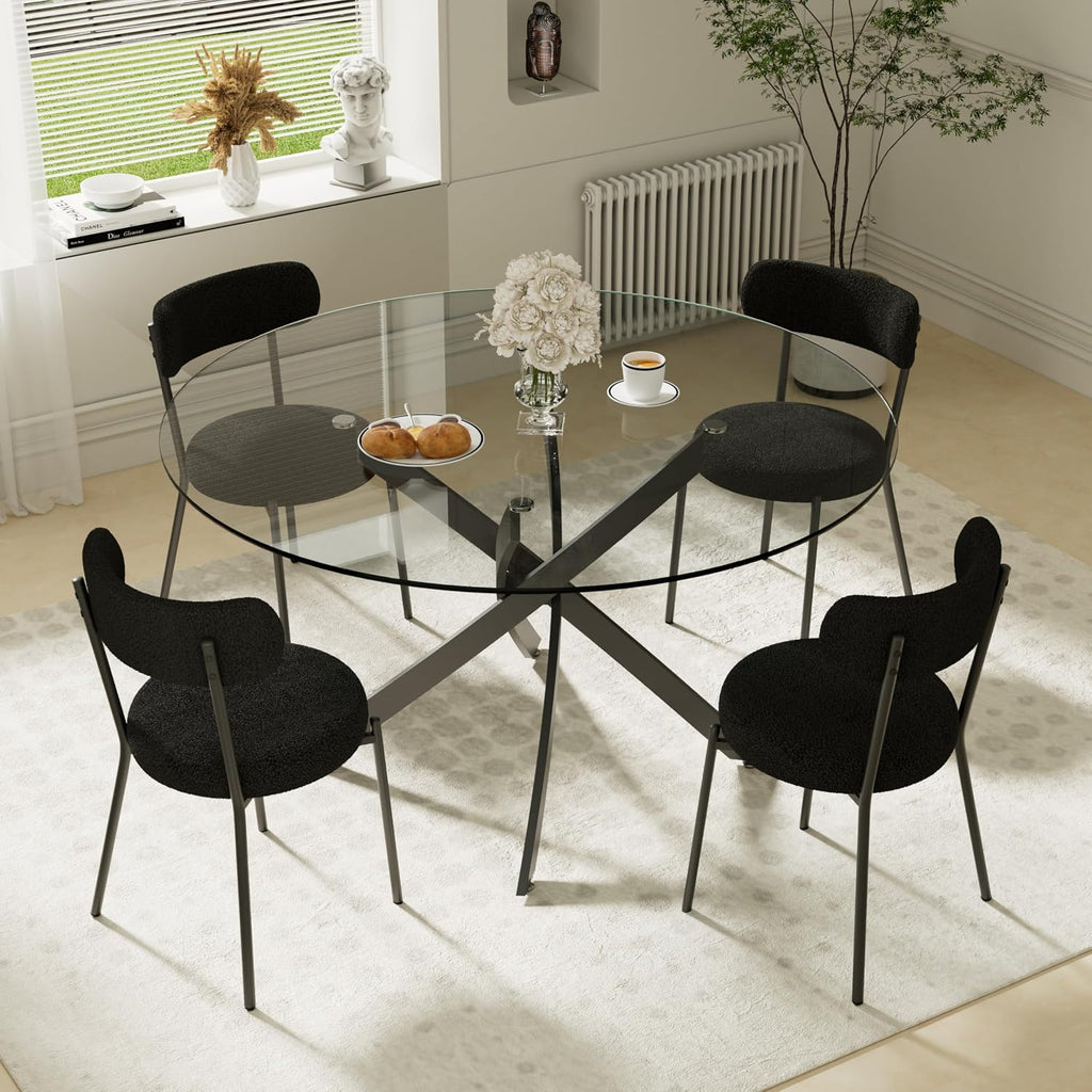 RGZ 5 Piece Luxury Round Dining Table Set, 47'' Modern Circle Kitchen Set for 4, 4 Person Clear Glass Circular Top Dinner Room Set, Black Boucle Chairs, for Living Room Large Apartment (Black)