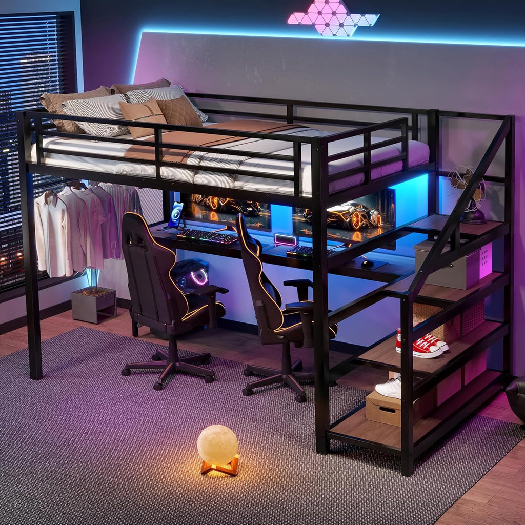 Bellemave Full Loft Bed with Desk & Storage Stairs, Metal Full Size Loft Bed Frame with Iron Nets, LED Lights & USB Ports, Heavy Duty Adult LoftBed for Bedroom, Noise-Free, Black