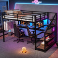 Bellemave Full Loft Bed with Desk & Storage Stairs, Metal Full Size Loft Bed Frame with Iron Nets, LED Lights & USB Ports, Heavy Duty Adult LoftBed for Bedroom, Noise-Free, Black