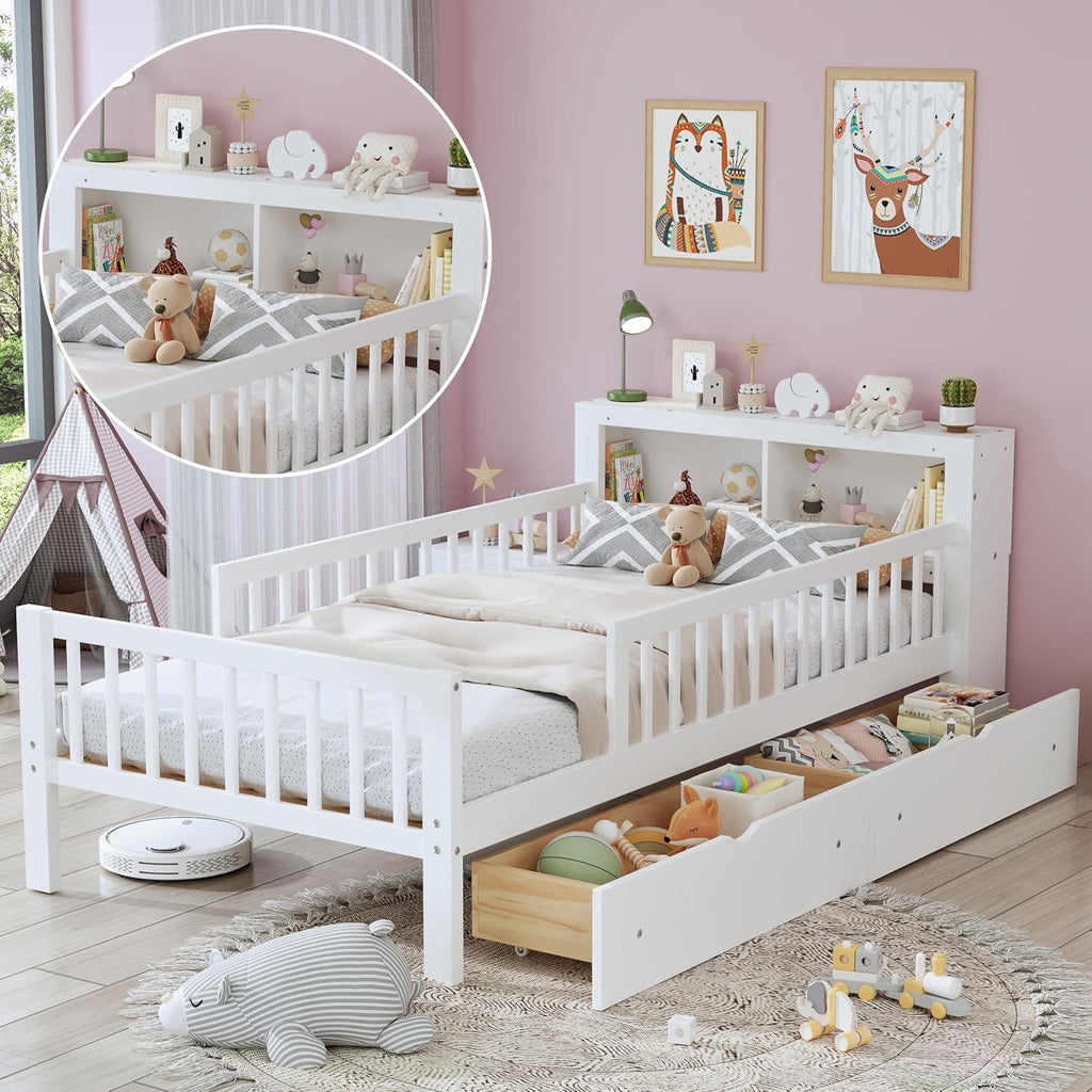 VilroCaz Wood Twin Size Platform Bed with Safety Fence for Kids Boys Girls, Platform Bed Frame with Practical Headboard and 2 Under-Bed Drawers, Sturdy Slats Support (White-3.15)