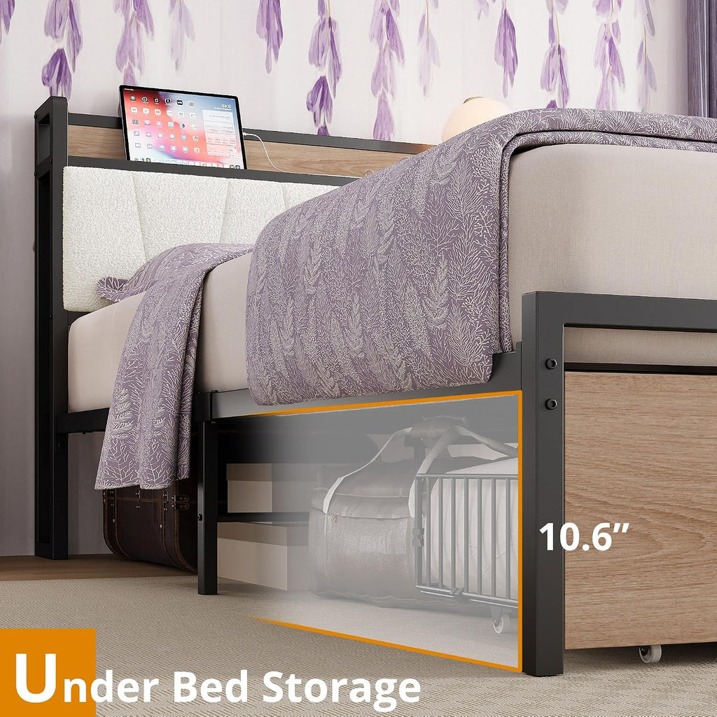 LIKIMIO Queen Size Bed Frame, Storage Headboard with Charging Station, Platform Bed with Drawers, No Box Spring Needed, Easy Assembly, Wood and Cream