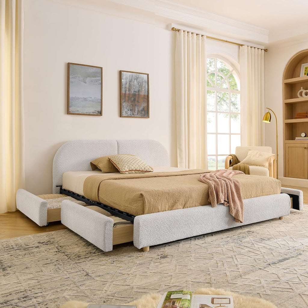 Queen Size Floor Bed Frame with 4 Wheeled Storage Drawer and Tall Curved Headboard, Modern Minimalist Style Upholstered Platform Bed Frame, Wooden Slats Support, Easy Assembly, Beige