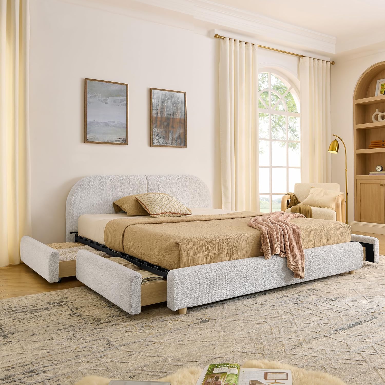 Queen Size Floor Bed Frame with 4 Wheeled Storage Drawer and Tall Curved Headboard, Modern Minimalist Style Upholstered Platform Bed Frame, Wooden Slats Support, Easy Assembly, Beige