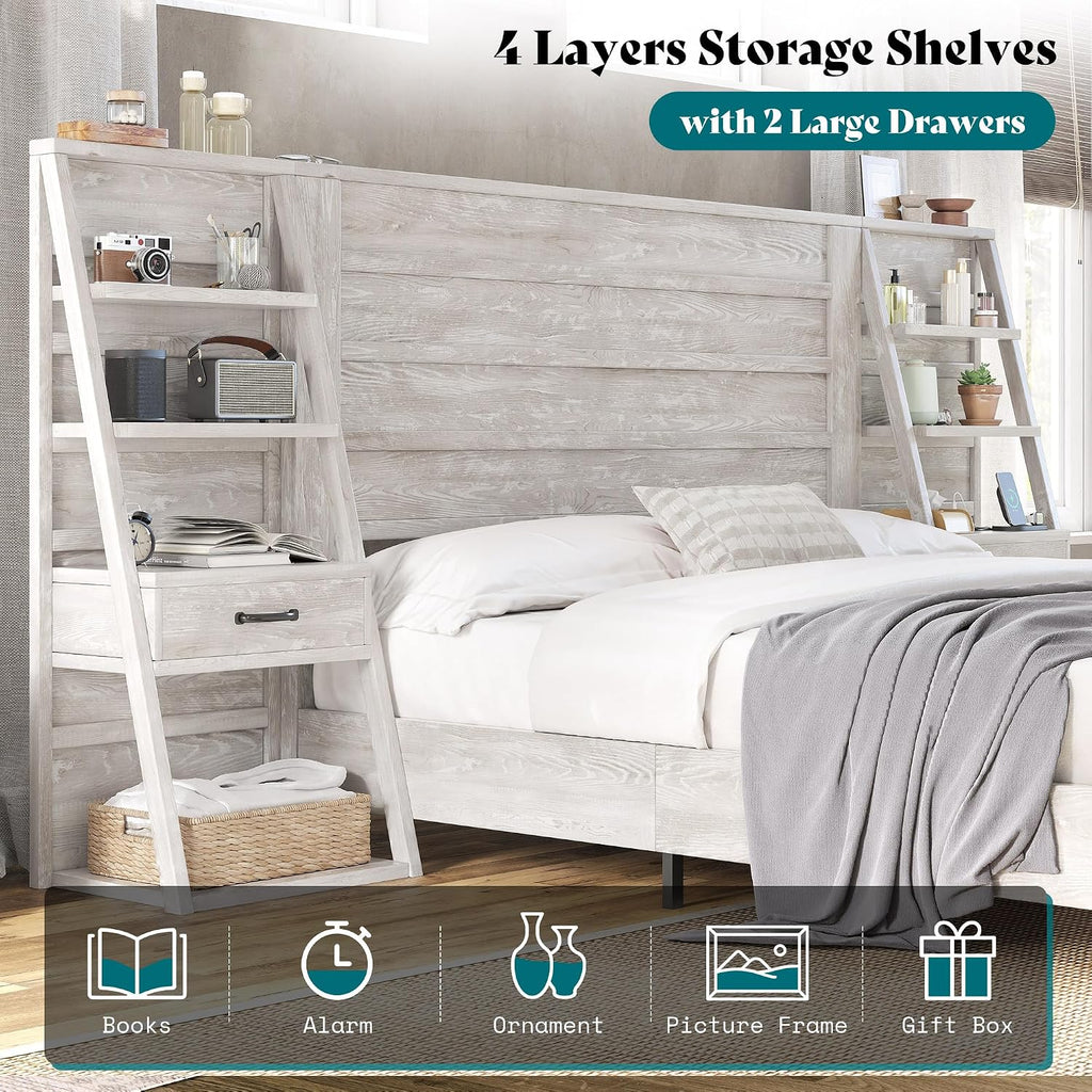 AMERLIFE Full Bed Frame with Wide Headboard and 4-Tier Bookshelves, Farmhouse Platform Bed with Charging Station & 2 Drawers, Noise-Free, No Box Spring Needed, Rustic White