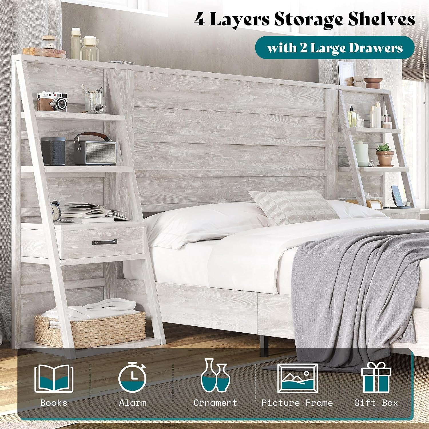 AMERLIFE Full Bed Frame with Wide Headboard and 4-Tier Bookshelves, Farmhouse Platform Bed with Charging Station & 2 Drawers, Noise-Free, No Box Spring Needed, Rustic White