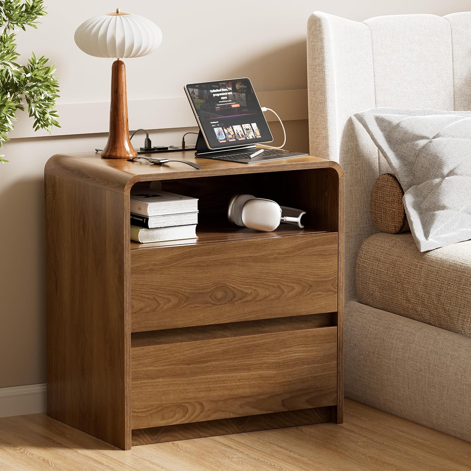 Modern Nightstand Set of 2 23.8' Walnut Nightstands with Hidden Drawers Wood Modern Bedside Table Curved Profile Night Stands for Bedrooms Set of 2