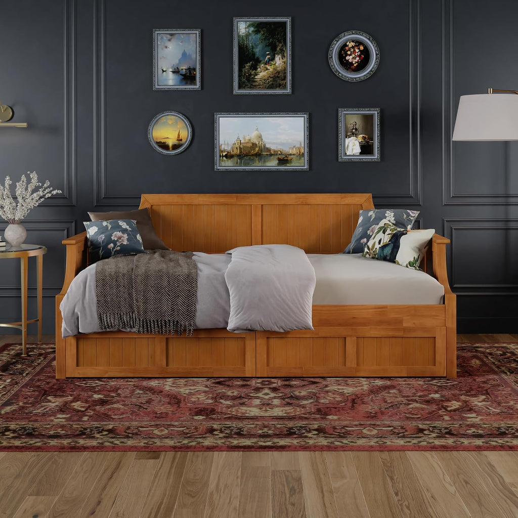 AFI, Cambridge Twin Size Wood Daybed Frame with 2 Storage Drawers, Light Toffee