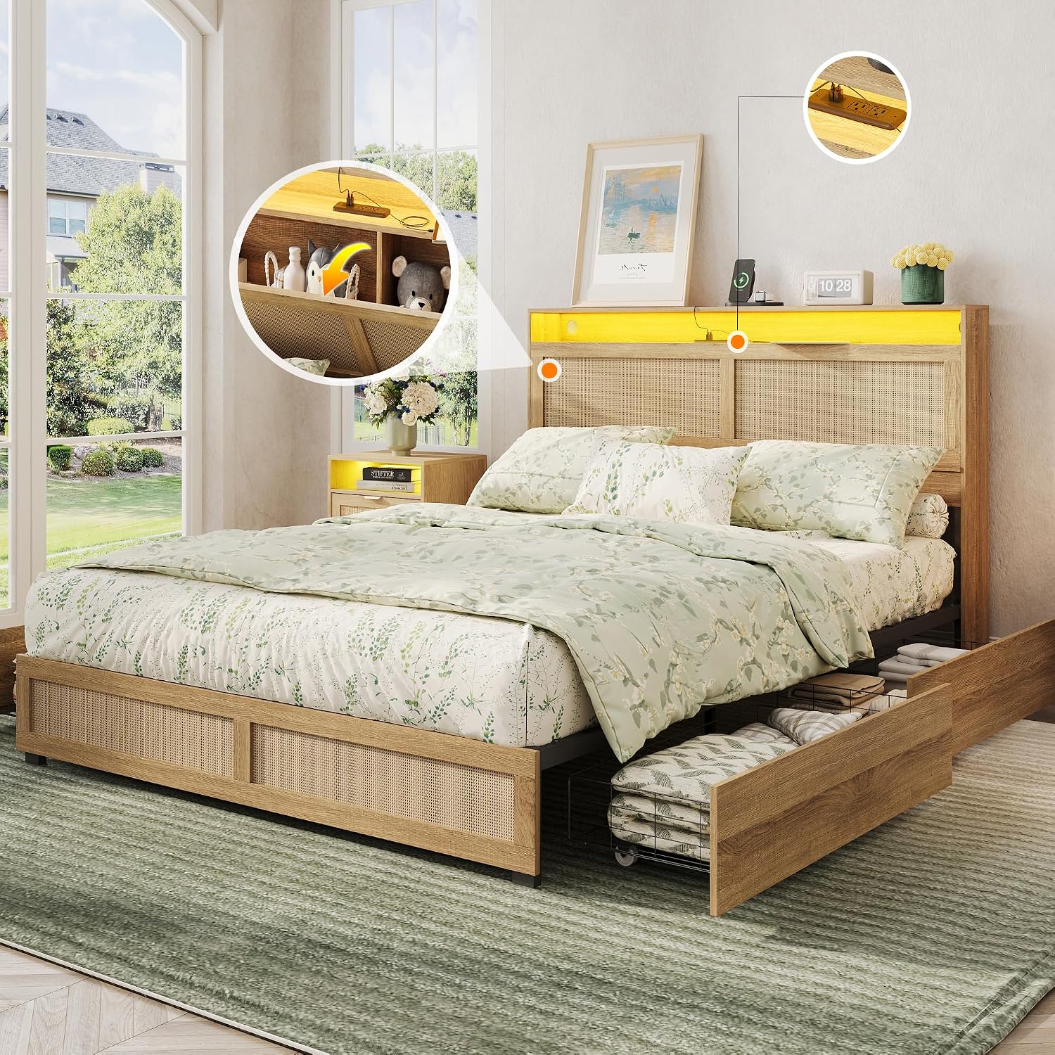 Maupvit Full Size Boho Bed Frame with Rattan Hidden Storage Headboard, LED Light and 4 Drawers, Charging Station, Metal Platform Bed, No Box Spring Needed,Brown