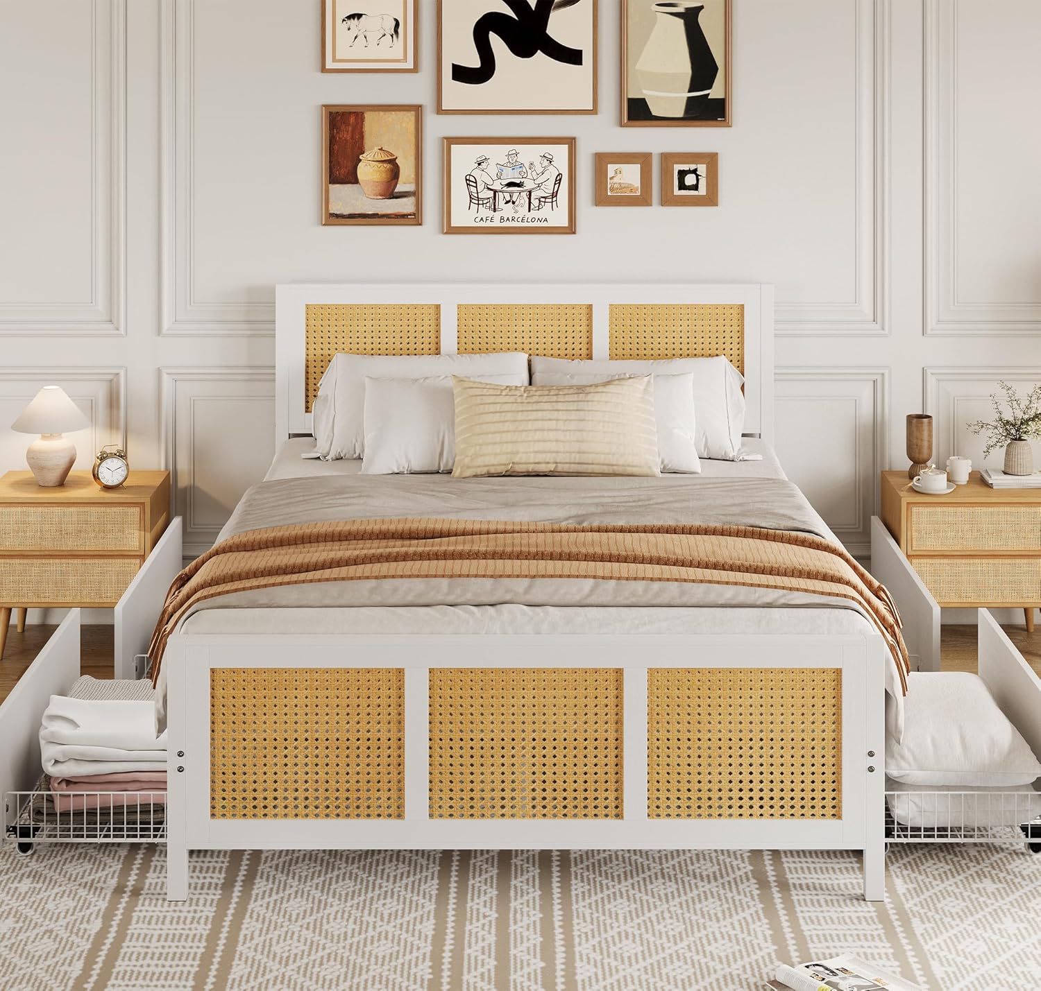 GarveeHome White Rattan Bed Frame with Headboard, Boho Cane Platform Queen Bed Frame with 4 Drawers, Strong Metal Slats Support, Noise Free, No Box Spring Needed