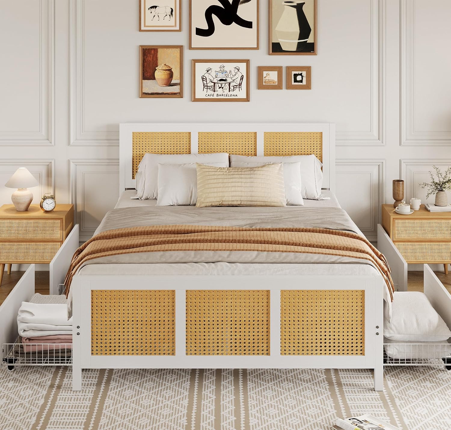 GarveeHome White Rattan Bed Frame with Headboard, Boho Cane Platform Full Size Bed Frame with 4 Drawers, Strong Metal Slats Support, Noise Free, No Box Spring Needed
