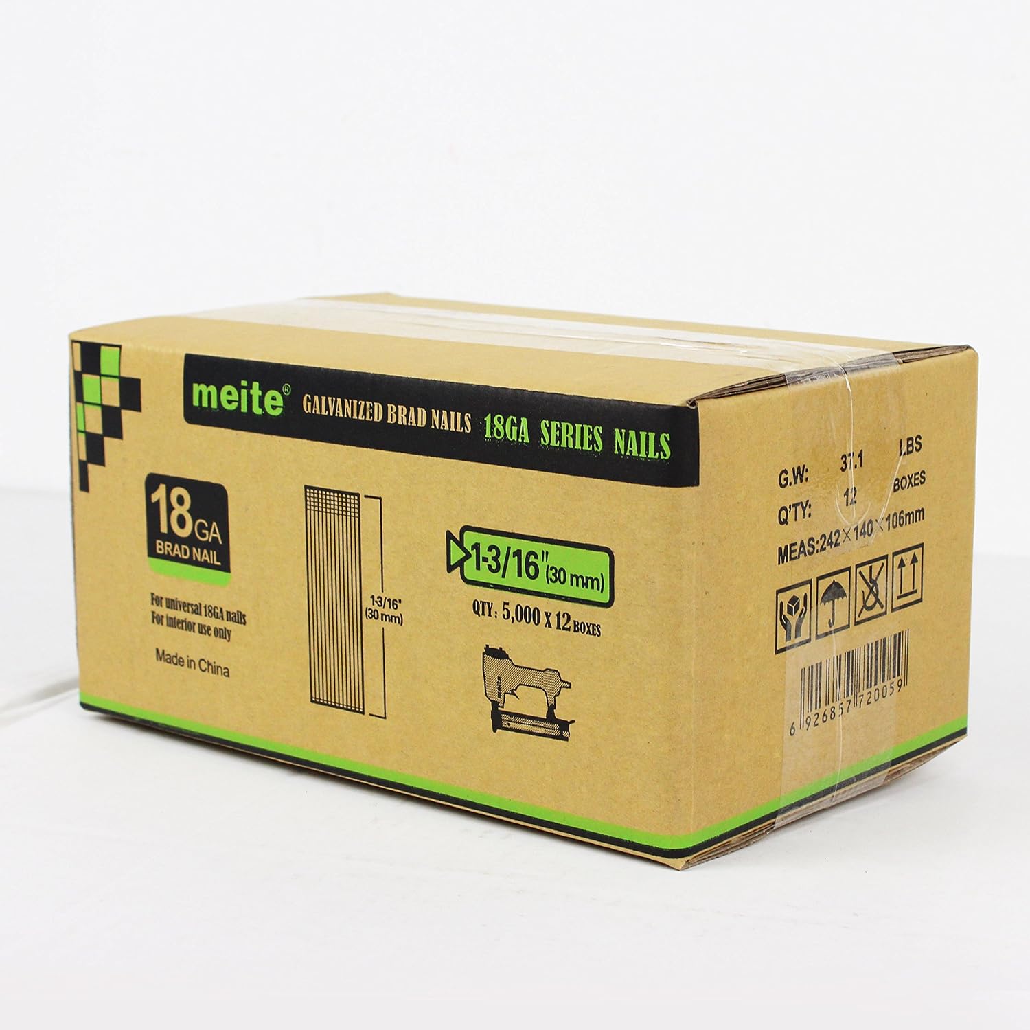 meite F30 18 Gauge 1-3/16-Inch Galvanized Brad Nail Ideal for Upholstery, Trims, Molding, Woodworking (1 Case - 12 Boxes)