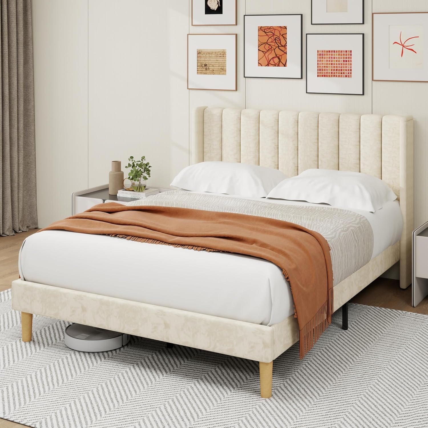 alazyhome Platform Bed Frame Queen Size with Upholstered Headboard, Solid Wood Slats Support, No Box Spring Needed, Noise Free, Easy Assembly, Modern Velvet Bed, Beige
