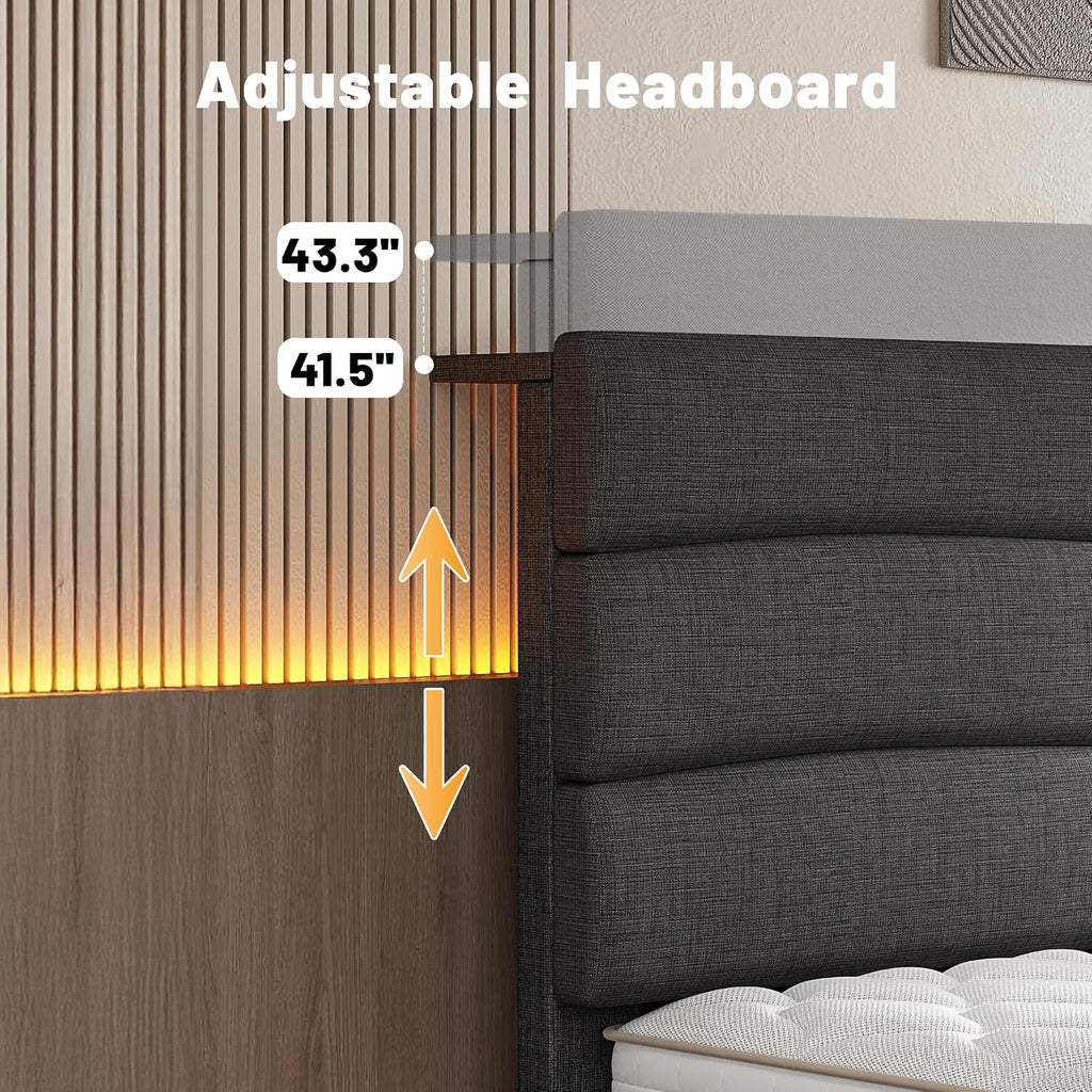 EnHomee Twin Size Bed Frame with Adjustable Height Upholstered Headboard, 3 USB Charging Ports, Noise-Free Platform Bed, No Box Spring Needed, Grey
