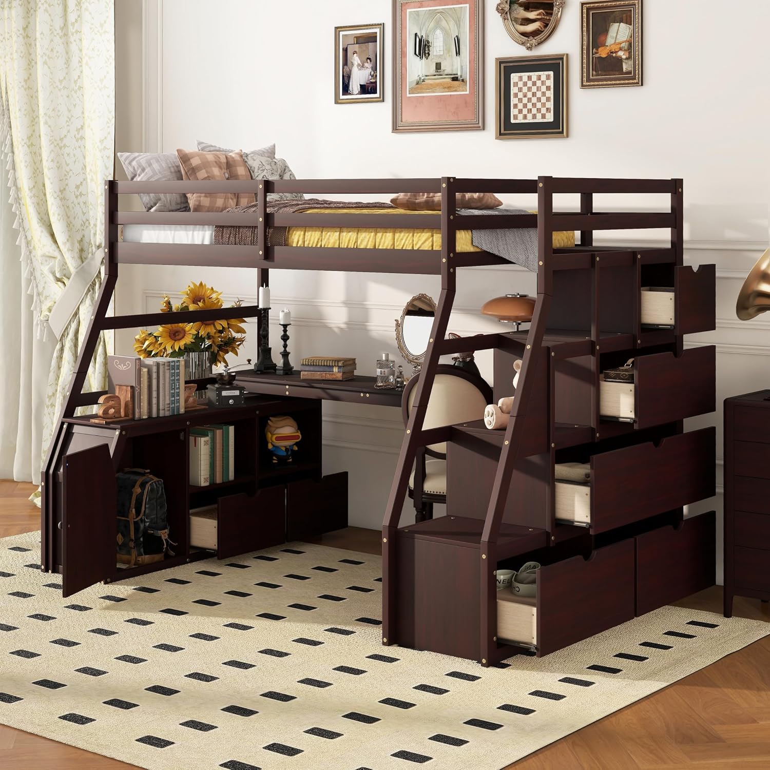 Bellemave Twin Size Loft Bed with Stairs and Desk, Wood Loft Beds with Cabinet and 7 Drawers, High Loft Bed Frame with Shelves and Step for Kids, Teen, Boys, Girls, Espresso