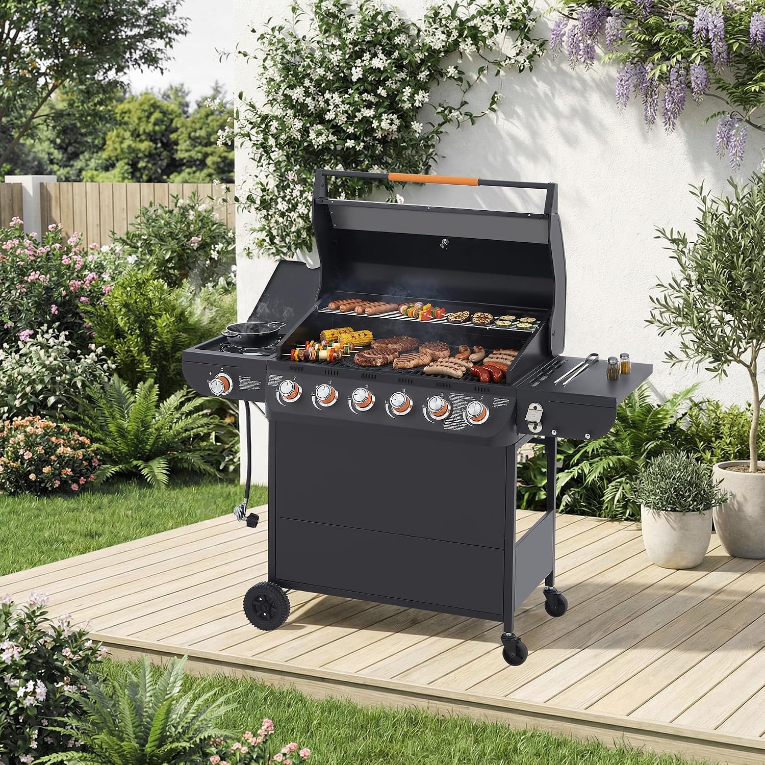 Black 6 Burner Propane Gas BBQ Grill with Side Burner, 72000 BTU Output Stainless Steel Barbecue Grill with Cast Iron Grates and Side Tables for Outdoor Cooking Patio Backyard (6+1 Cast Iron Grate)